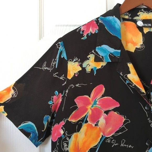First Option 90's Vintage Colorful Floral Short Sleeve Button Down Top Black M - Picture 5 of 11